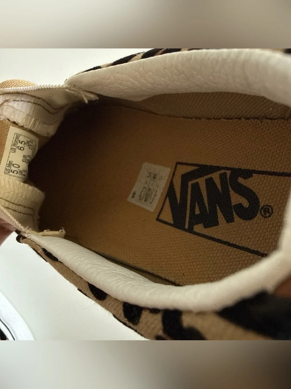 Vans Kids Leopard Print Slip-On Sneakers in Tan and Black